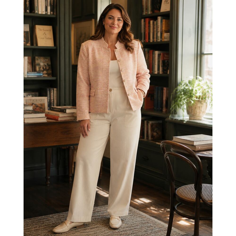 Vintage Linen Blend Tweed Blazer Pastel Peach Pink Officecore Quiet Luxury XL